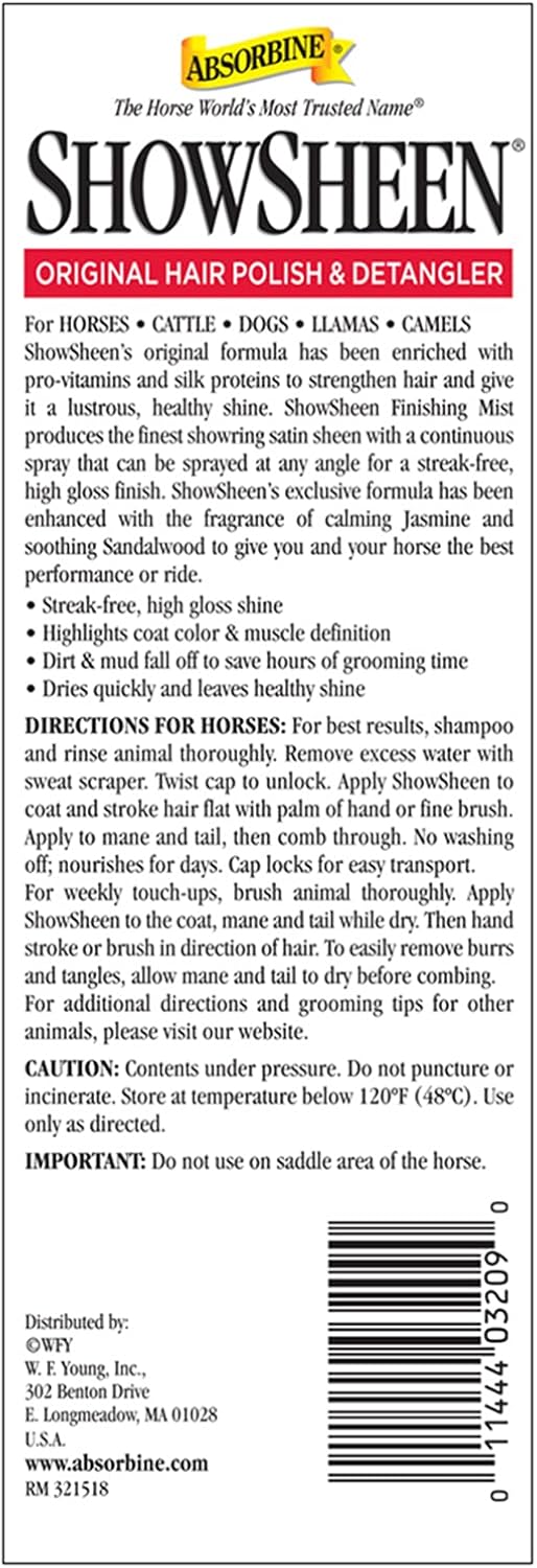Absorbine ShowSheen Finishing Mist, Streak-Free Shine for Horses, Dogs, Livestock, 15oz