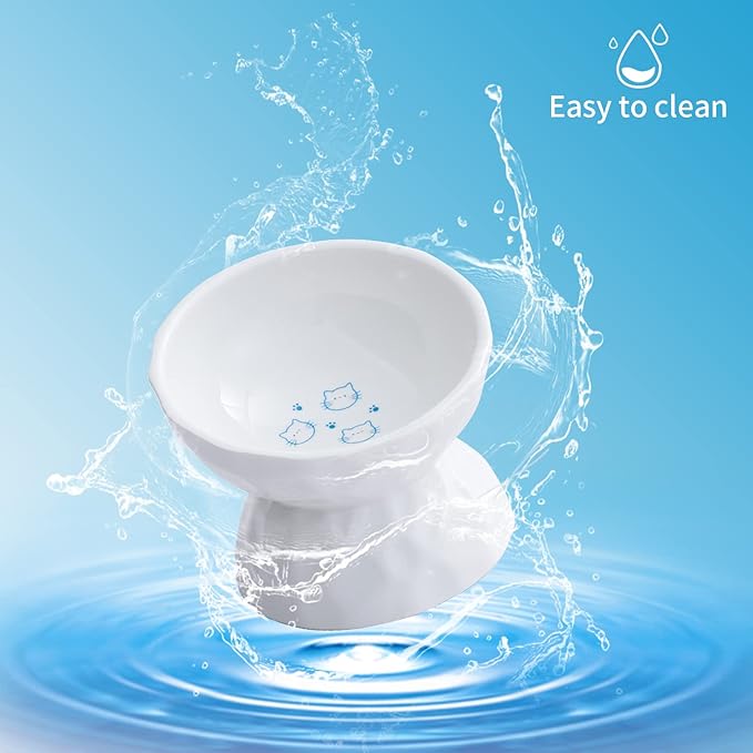 OMAYKEY Ceramic Raised Cat Bowls, Tilted Elevated Cat Food and Water Bowl Set, Porcelain Stress Free Pet Feeder Dish for Cats and Small Dogs, Dishwasher and Microwave Safe, White & White, Set of 2