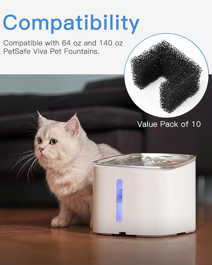10 Pack Foam Filters for PetSafe Viva Pet Water Fountain - Pet Drinking Fountain Filter Replacement - Black