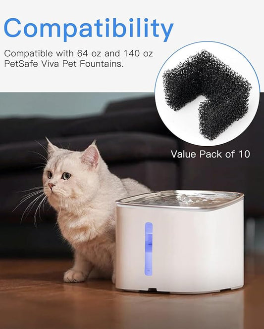 10 Pack Foam Filters for PetSafe Viva Pet Water Fountain - Pet Drinking Fountain Filter Replacement - Black