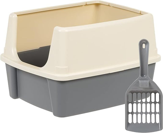 Amazon Basics Large Cat Litter Box with High Sides, Open Top, Includes Scoop, 19 x 15 x 11.75 inches, Grey/Beige