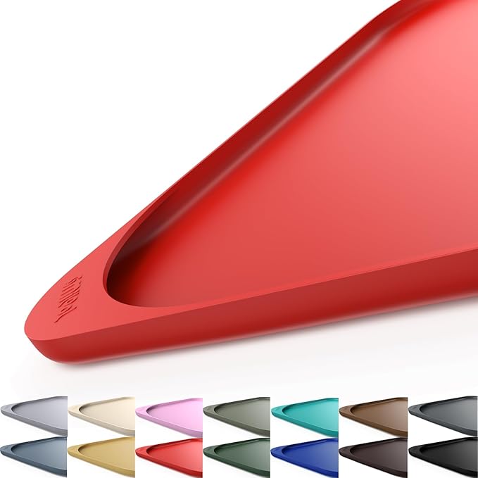 Silicone Pet Feeding Mat with Raised Edge & Residue Collection Pocket for Food and Water, Dog Bowl Mats, Cat Bowls Placemat with High Lip for Floor Waterproof, 24 x 16 x 0.8 Red