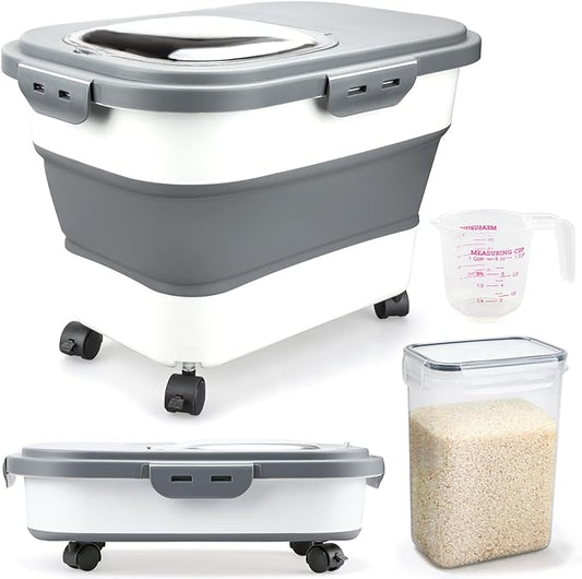 Rice Storage Containers, Collapsible 20 to 30Lbs Food Storage Bin Dispenser with Rolling Wheel and Clear Airtight Lid, BPA Free Flour, Sugar, Cereal and Dog Cat Pet food Containers