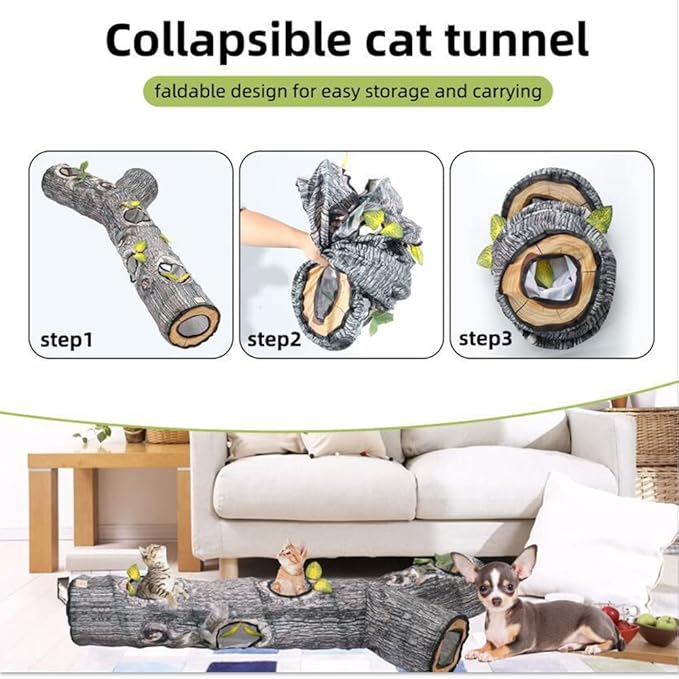 Cat Tunnels for Indoor Cats - Interactive Tree Trunk Cat Activity Play Tunnels with Peek Holes, Collapsible Pet Tube Puzzle Hunt Chase Training Center Toys for Kitten, Ferret, Small Animals