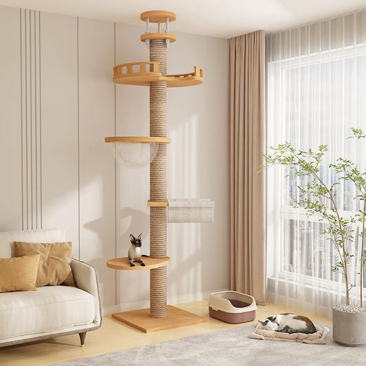 Cat Tree Floor to Ceiling,Cat Tree Height Adjustable from Floor to Ceiling（92“-114”）, Tall Climbing Tree, Equipped with Scraping Pillars, Comfortable Bed, Observation Deck, Space Capsule