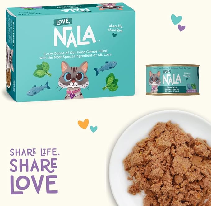 LOVE, NALA - Natural Adult Cat Wet Food - Pate Tuna with Spinach Recipe- Grain Free, Non-GMO, Lean Protein, Iron, Digestive Fiber Blend, Added Minerals & Vitamins - 12 Pack 2.4 lbs.