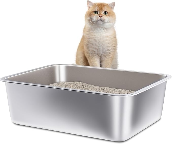Stainless Steel Litter Box, Medium Metal Litter Box for Cat,Easy Clean Non Stick Easy Entry No Smell Metal Litterbox for Kitty/Rabbits