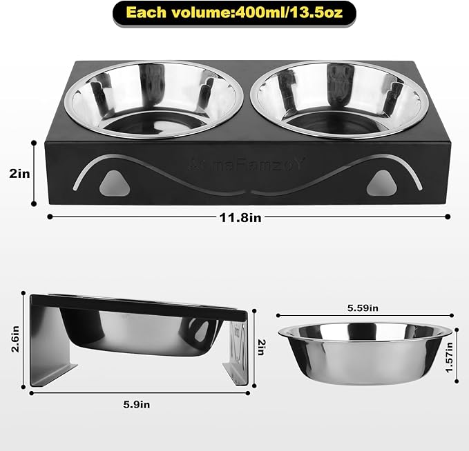 Elevated Cat Bowls 5° Tilted Raised Pet Food Water Bowl Set, 2 Thick Stainless Steel 13.5 oz Cat Dishes Feeder Shallow Wide Cute Whisker Friendly for Indoor Kitten, Small Dogs, Puppy,Black