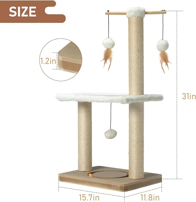 PEEKAB Cat Scratching Post 31in Tall Sisal Scratch Posts with Perch Tracking Interatcive Toys Vertical Scratcher for Indoor Cats and Kittens,Three Hanging Ball Self Massage Brush Beige