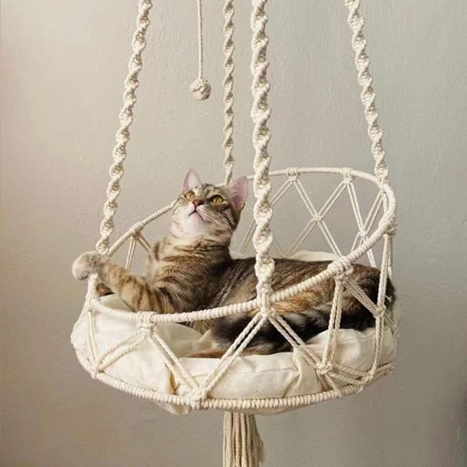 Macrame Hanging Cat Hammock Bed Handwoven Hanging Boho Cat Bed with Hanging Kit for Indoor Outdoor Home Decor Boho Cats Perch Bed for Sleeping Playing Climbing and Lounging for Cats Up to 11 lbs 03
