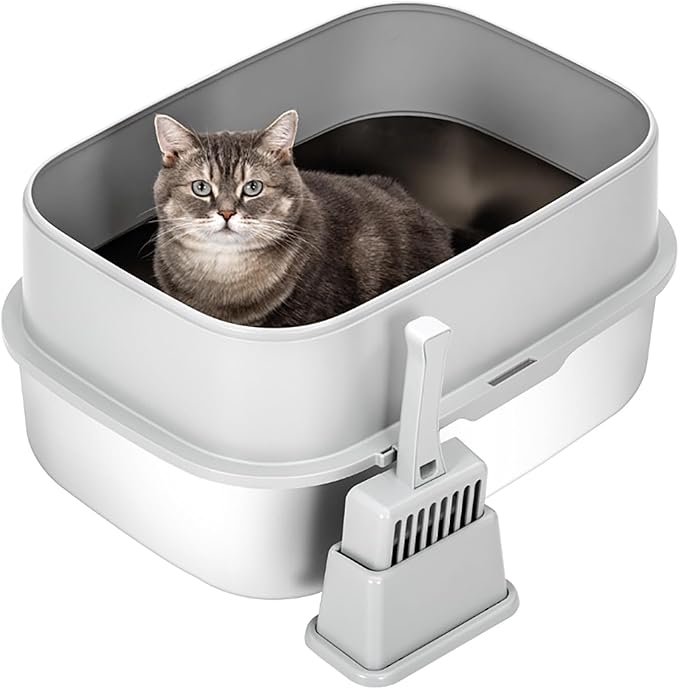 Stainless Steel Sifting Litter Box with Lid, Metal Litter Pan with Scoop for Big Cats Multi Cat, Extra Large Cats Litterbox Odor Control, Easy Clean (23*16.5*16.5inch-with Enclosure, X-Large)