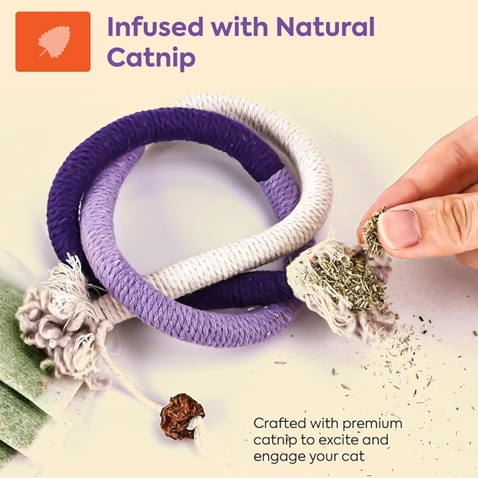 Cat Toys Chew Ropes 3Pcs with Refillable Natural Catnip, Safe Teeth Cleaning Toy for Indoor Kittens Interactive Cat Nip Kitty Toys for All Breeds 27.5 Inches
