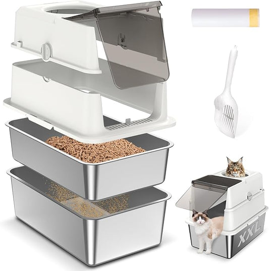 Stainless Steel Sifting Litter Box, Fully Enclosed Sifting Cat Litter Box with Lid, 23.6"L x 15.7"W x 19.44"H Multi-Purpose Stainless Steel Litter Box Enclosure, Anti-Leakage, Easy Clean for Big Cats