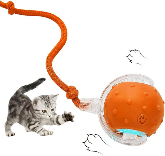 Electric Interactive Cat Toy Ball - Automatic Rolling Silicone Cat Toys for Indoor Cats, Durable Chew-Proof Motorized Kitty Ball with LED Light, Fun Exercise Toys for Bored Kittens（Orange）
