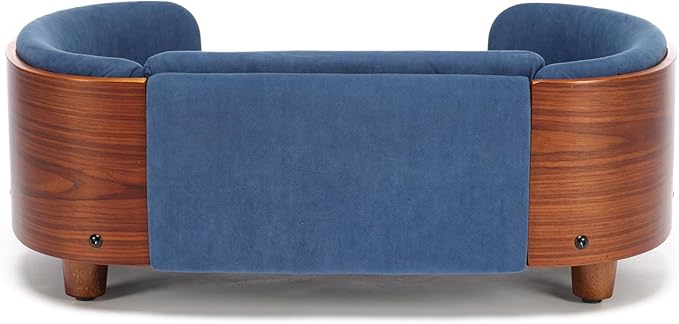 HomSof 26.38" Scandinavian Style Elevated Dog Cat Bed Pet Sofa with Solid Wood Legs and Bent Wood Back with Velvet Cushion,Small Size，Navy+Brown