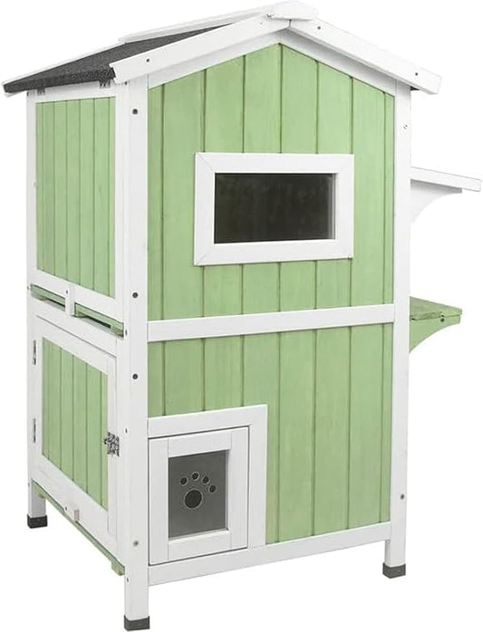 Outdoor Cat House Shelter Weatherproof, Two Story Wooden Outside Feral Cat House with Openable Roof, Escape Door