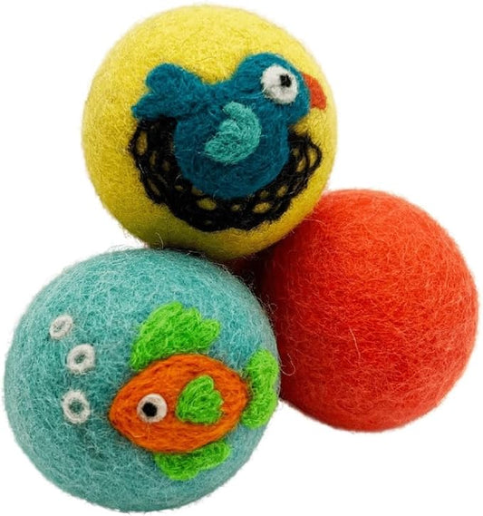 Hustle & Blush Wool Felt Balls 3 Pack Love Ewe Pet Supplies - 2in Cat Toys, 100% New Zealand Wool, Handmade Colorful Balls for Cats - Fish and Bird