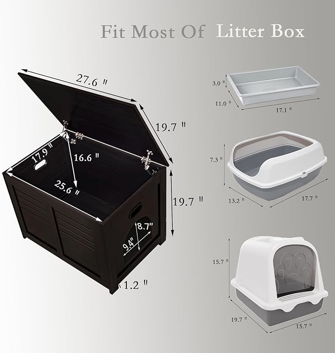 DINZI LVJ Litter Box Enclosure, Flip Top Litter Box Furniture, Good Ventilation, Hidden Cat Washroom, 27.6" L x 19.7" W x 19.7" H, Entrance Can Be on Left/Right, Wooden Cat House, Espresso