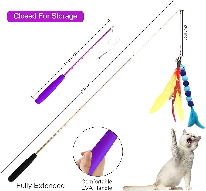 Cat Toys, 2PCS Retractable Feather Toys, 10PCS Replacement Teaser Refill, 1PC Rainbow Ribbon Wand Interactive Kitten Toys for Indoor Cat Make Exercise