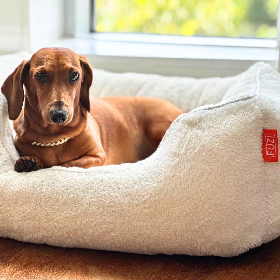 FUZI Luxury Aesthetic Dog Bed for Small Dogs with Washable Cover, Pet Couch, Pet Bed with Sides, Non-Slip Bottom, Soft and Durable Calming Dog Bed, Faux Rabbit Fur, Small 25.1x16.75x9.5 Soft White