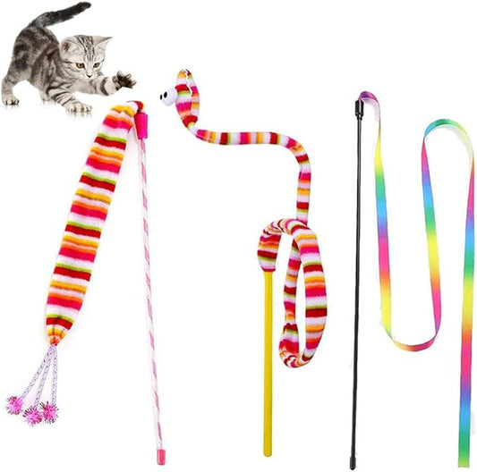 KABASI Cat Wand Rainbow Toy, 3 Styles Funny Interactive Cat Toys, Cuddly Stuffed Snake Toy on Stick with Bell, Colorful Sounding Toys, Rainbow Ribbon Wand for Kittens Training