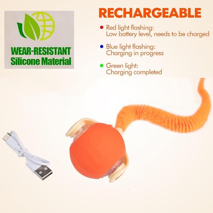 Rocfish Durable Interactive Cat Toys for Indoor Cats, Smart Automatic Cat Chase Ball Toy, Upgraded Speedy Tail Kitten Toy for Bored Indoor Adult Pets (Orange)