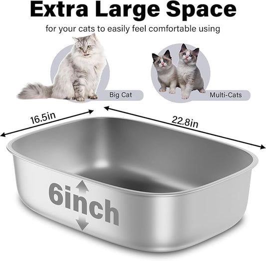 Stainless Steel Litter Box, 22.8“x16.5"x6" Oval Stainless Steel Cat Litter Box Extra Large, XL Metal Litterbox for Big Cats, Non Stick Surface, Easy to Clean