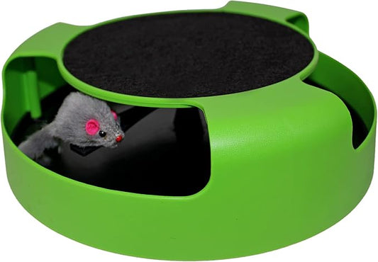 Interactive Cat Scratcher Toy with Spinning Mouse Toy for Cats, Toy with Scratching Board and Running Mouse, Fun Cat Stimulating Toy, No Batteries Required. Endless Fun for Your Kitties