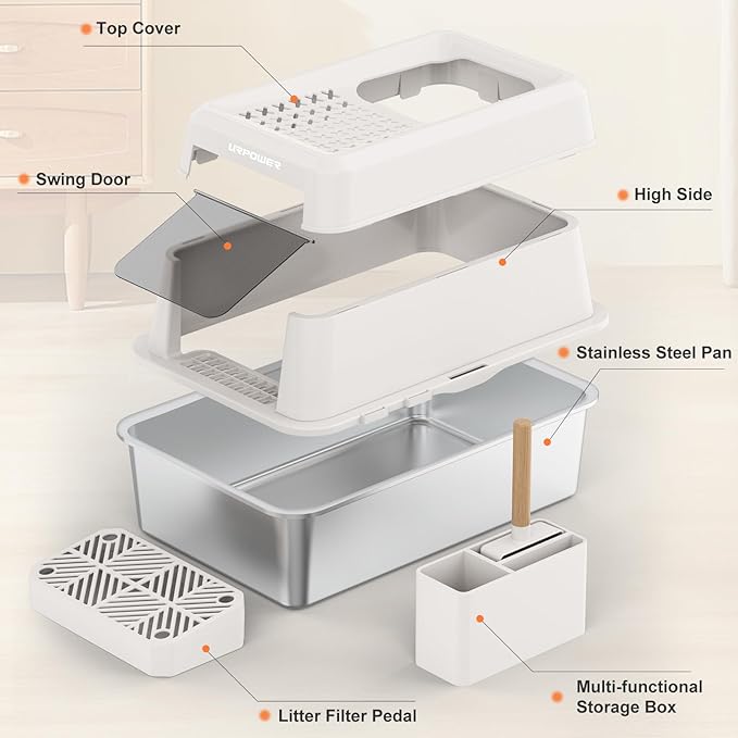 URPOWER Stainless Steel Cat Litter Box with Lid Extra Large Enclosed Litter Box for Cats Non-Sticky Metal Pan with High Sided Enclosure & Scoop, Front & Top Entry, Anti-Leakage, Easy Cleaning