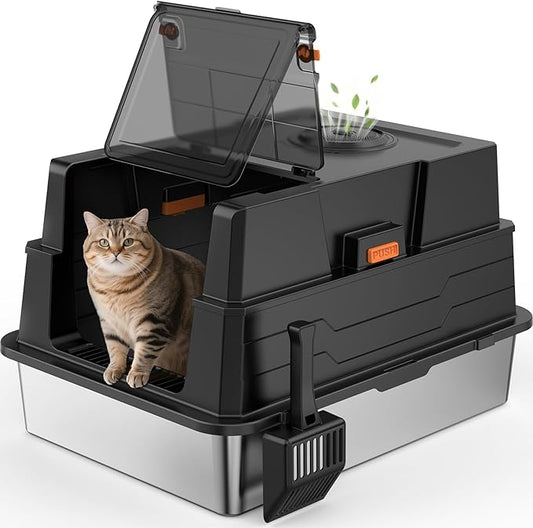 Extra Large Enclosed Stainless Steel Cat Litter Box with Lid - XXXL Giant Metal Enclosed High Sides Litter Boxes for Multi-Cat Households and Overweight Cats - Black