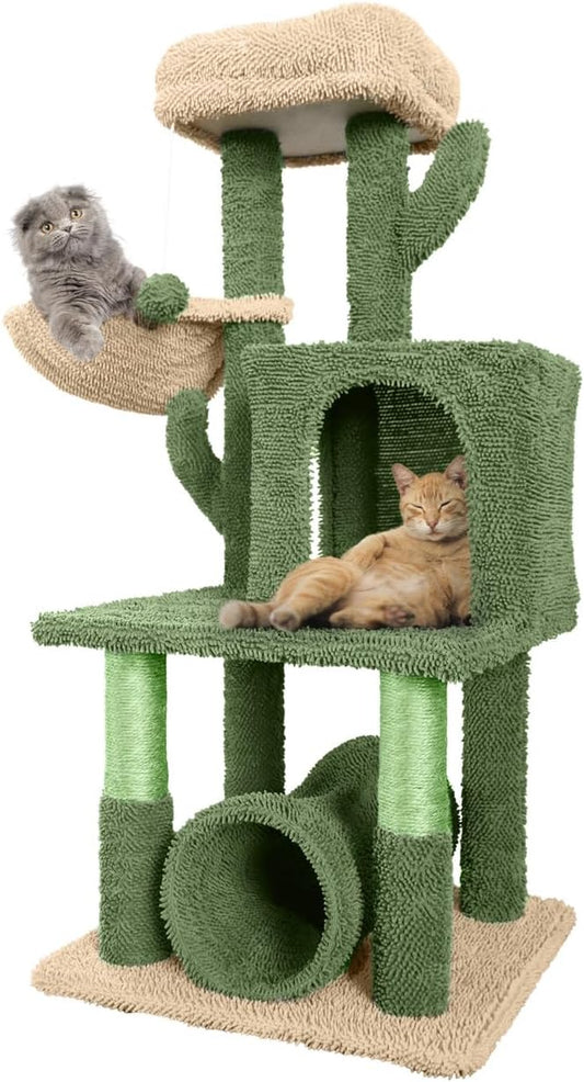 CAPHAUS Cactus Cat Tower for Indoor Cats, Cute 40-Inch Small Cactus Cat Tree w/Widened Perch for Large Cats & Kittens, Multi-Level Cat Activity Tree w/Scratching Post, Tunnel, Basket, Cat Cave Condo