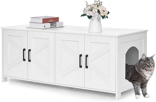 Homhedy Cat Litter Box Enclosure For 2 cats, Litter Box Furniture Hidden with Double Room,Wooden Cat Washroom Furniture,Cat House,47.2”L x 19.7”W x 19.7”H,White