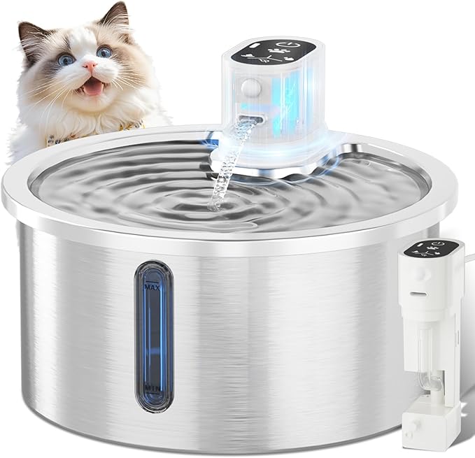 Stainless Steel Wireless Cat Water Fountain 3.2L/108oz Automatic Cat Water Dispenser 4000mAh Battery Operated Large Capacity Pet Water Fountains for Cats Dogs