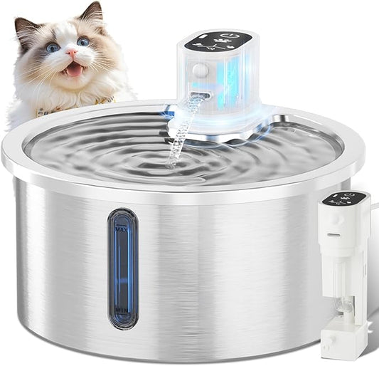 Stainless Steel Wireless Cat Water Fountain 3.2L/108oz Automatic Cat Water Dispenser 4000mAh Battery Operated Large Capacity Pet Water Fountains for Cats Dogs