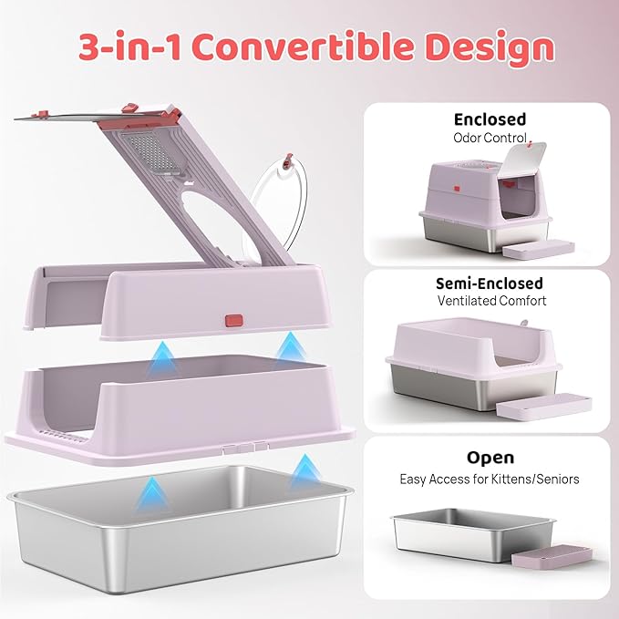 Stainless Steel Cat Litter Box with Lid, 180° Flip Top Kitty Litterbox, XL High Sided Enclosure Litter Pan for Big Cats, Front & Top Entry, Anti-Leakage, Odor-Free, Easy Clean, Includes Scoop Mat