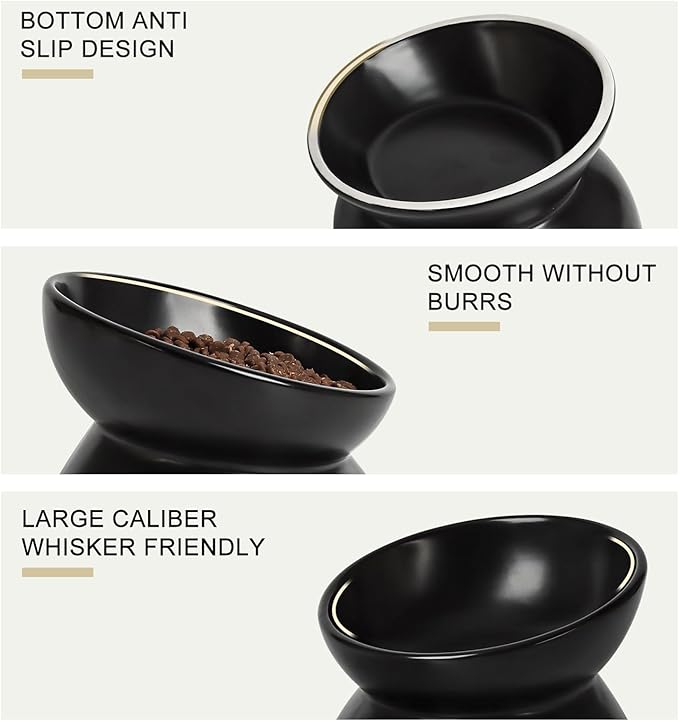 YauYik Ceramic Raised Cat Bowl - Cat Food Bowl Elevated Tilted for Short Leg Cats and Small Dogs - 6 Inches Whisker Friendly Pet Bowl Dish, Reduce Neck Burden Feeding Bowl, Black, 10 Oz