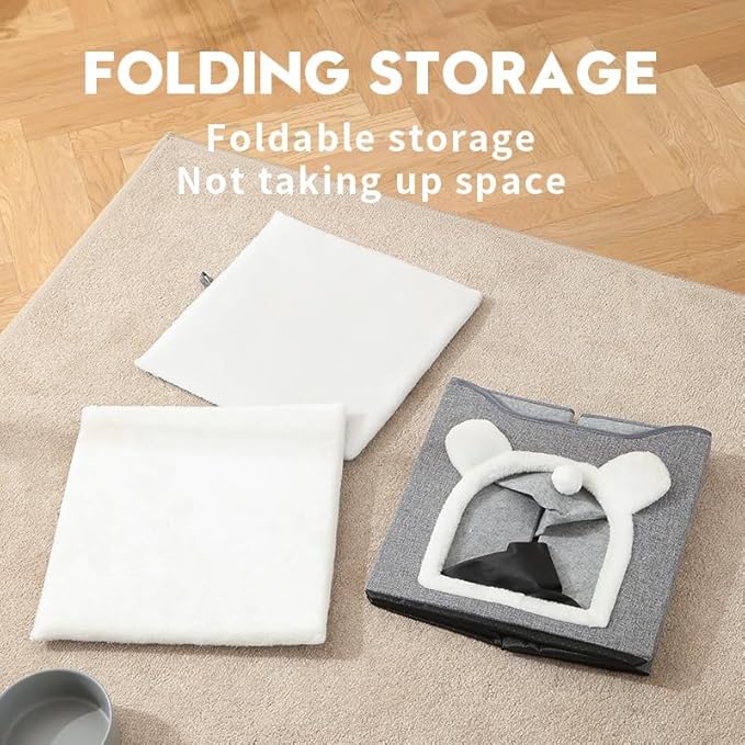 Cat Beds for Indoor Cats, Large Cat House Foldable Cat Cave with Scratch Pad and Hanging Fluffy Ball, Reversible Cushion Hideaway for Pet Cats, 16.5x16.5x13.2 inches, Multi Small Pet (Dark Grey, L)