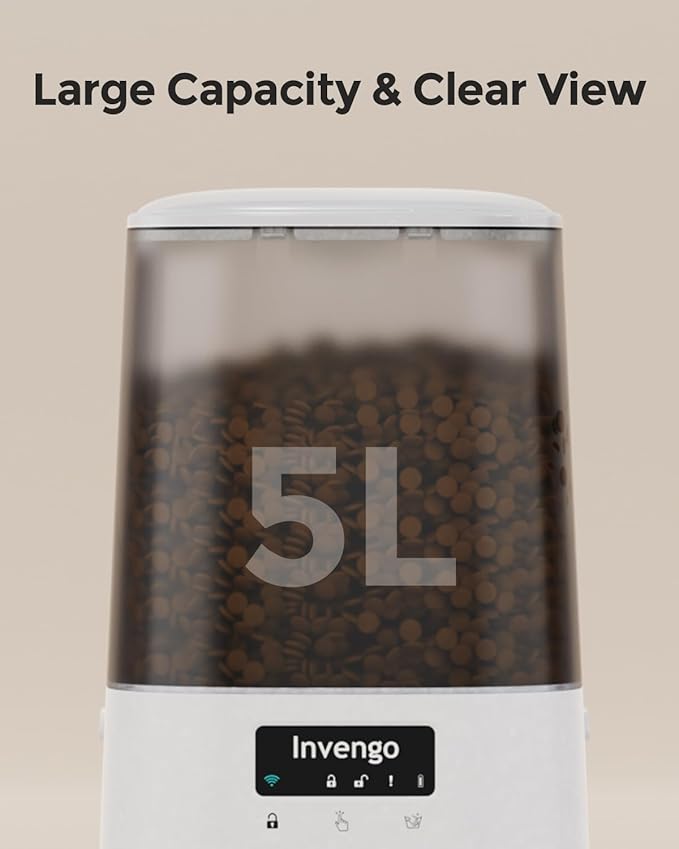 Cat Feeder Automatic - Cat Food Dispenser MeowServe S20, Auto Dog Feeder with Stainless Steel Bowl, 5L Pet Feeder with Patented Anti-Jam Port, App, Dual Lock Lid, Dual-Band WiFi & Power, White