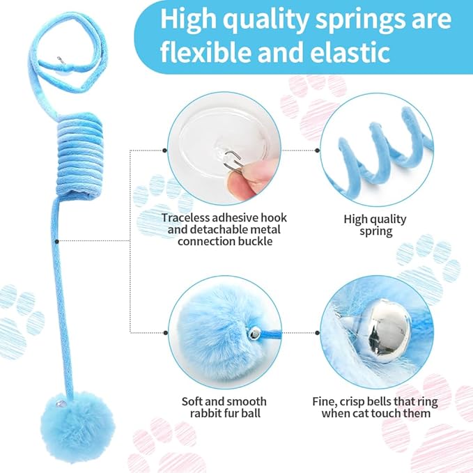 Hanging Plush Cat Toy Ball, Interactive Cat Toys for Indoor Cats with Bell, Cat Springs to Keep Them Busy/Reduce Boredom, 80 Inch-Upgraded (Blue+Pink)