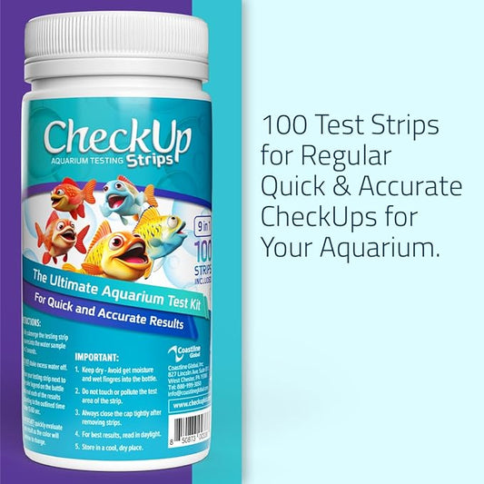 CheckUp Aquarium Test Strips | Test Kit for Freshwater, Saltwater, Pond, Fish Tank | 9 Parameters Test for Iron, Copper, Nitrite, Nitrate, Chlorine, Hardness, pH, Alkalinity and Carbonate | 100 Strips