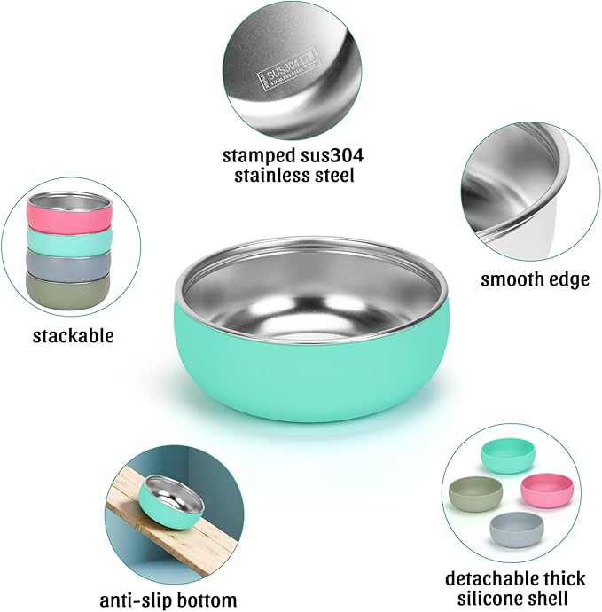 Kitten Bowls 4 Pcs, Stainless Steel Cats Bowls with Rubber Bottom, 5 “ Wide and Shallow Cat Food Dishes Whisker Friendly, Heavy Duty & Anti-Slip Small Pet Bowls for Indoor Cats