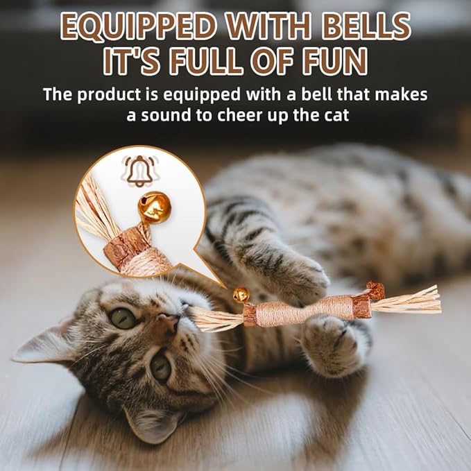 Natural Dried Matatabi Cat Chew Stick with Gall Fruit, Raffia Grass & Bell Ball Toys for Cat, Silvervine Sticks Interactive Catnip Toys for Teething & Entertainment (Size L Color I)