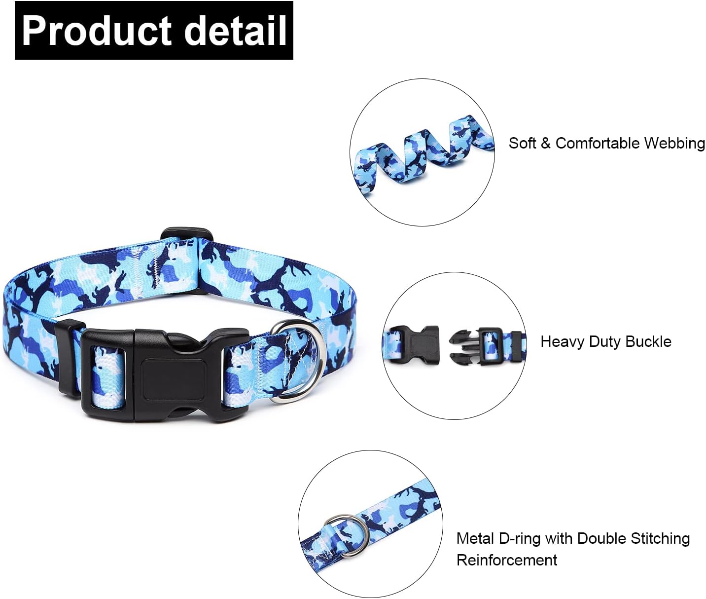 Mercano Adjustable Dog Collar - Special Design Patterns, Soft Nylon Comfortable Durable Pet Collar for Small Medium Large Dogs (S, Dog Camouflage Blue)