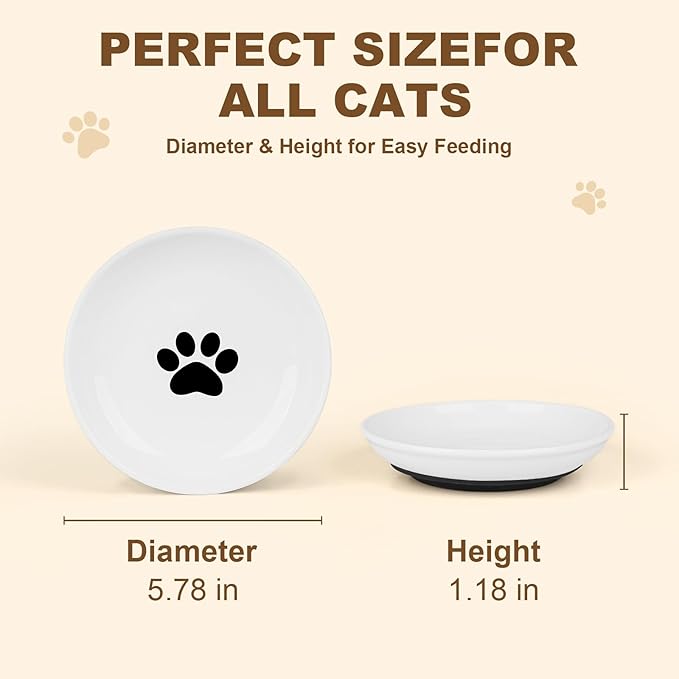 Ceramic Cat Food Bowls - 4 Pack Shallow Plates for Wet Food, Whisker-Friendly Feeding Dish with Non-Slip Silicone Base, Microwave & Dishwasher Safe for Indoor Cats & Kittens