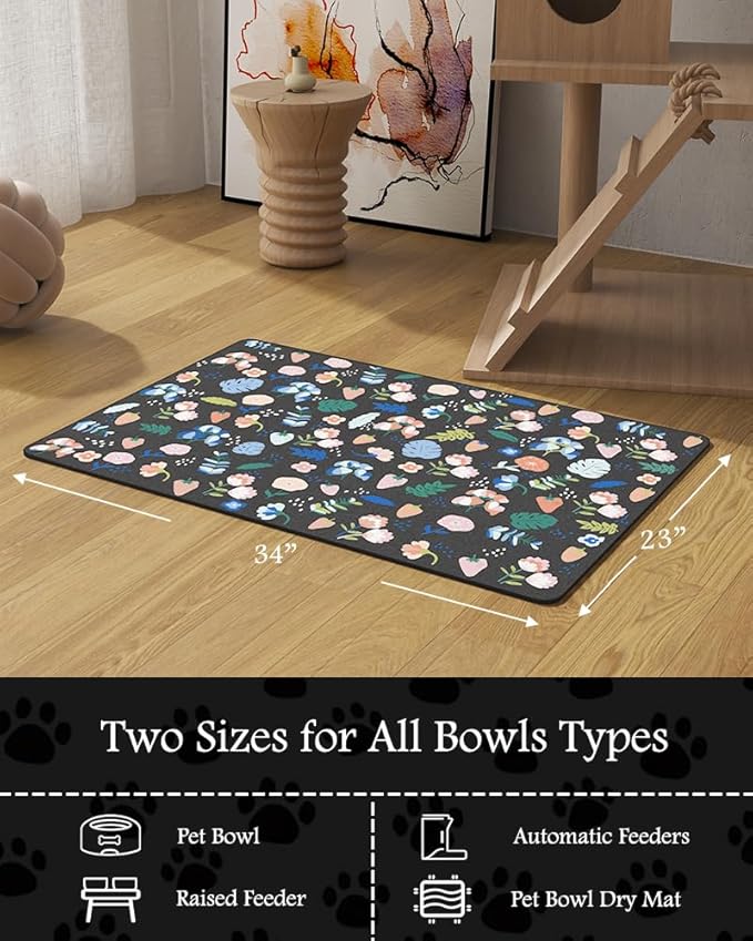 Pet Feeding Mat-Absorbent Dog Mat for Food and Water Bowl-No Stains Quick Dry Water Dispenser Mat-Dog Accessories Pet Supplies-Bowl for Messy Drinkers（DARKFLOWERS,23"x34"