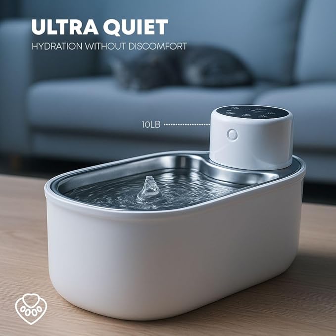 PawPure Wireless Cat Water Fountain, 3L Stainless Steel, 4800mAh Battery, Ultra-Quiet <20dB Pump, Motion Sensor & 3 Flow Modes, BPA-Free, Easy Clean Pet Fountain for Cats & Dogs