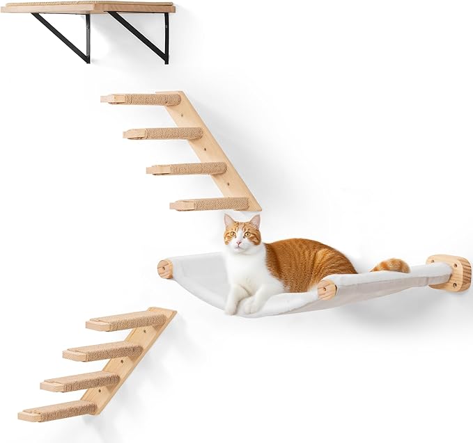 Cat Stairs Hammock Set of 4 – Cat Wall Shelves with 1 Floating Fabric Hammock, 1 Flat Shelf, 2 Wall Ladders with 4 Steps Each