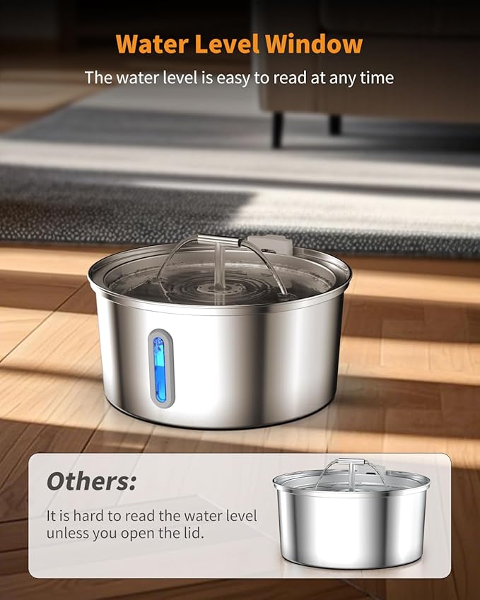 Cat Water Fountain Stainless Steel, 0.8gal/108oz Pet Water Fountain, 3 Replacement Filters, Automatic Cat Fountain with Quiet Pump Suitable for Cats, Dogs and Multi-pet households (Window)
