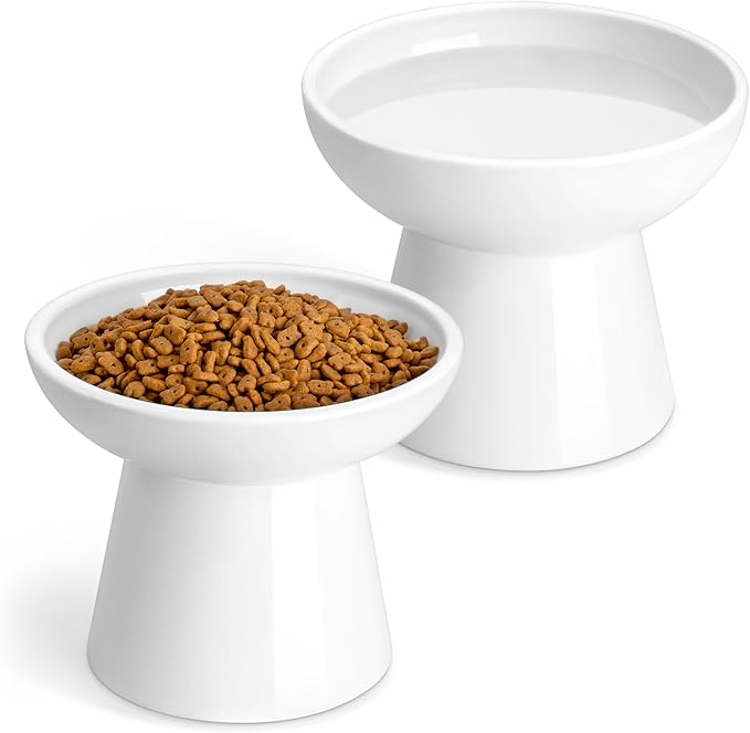 vancasso Elevated Cat Bowls 2-Pack, Ceramic Raised Cat Food and Water Dishes with 5.1" Height & 6.2" Wide Opening - Anti Vomit, Whisker Fatigue Relief for Senior Cats, Kittens and Small Dogs (White)