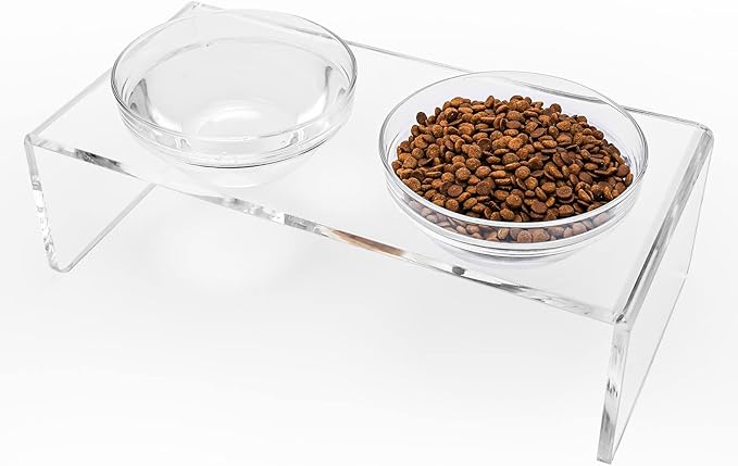 Acrylic Elevated Dog Cat Bowls Pet Feeder Double Bowl Raised Stand Comes with 2 Removable Glass Bowls and 2 Stainless Steel Bowls.Perfect for Medium Dogs, 5.5" Tall